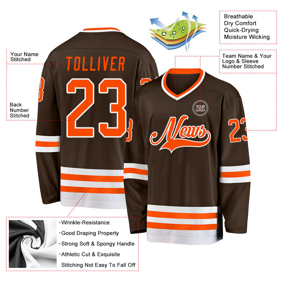 Custom Brown Orange-White Hockey Jersey view 3