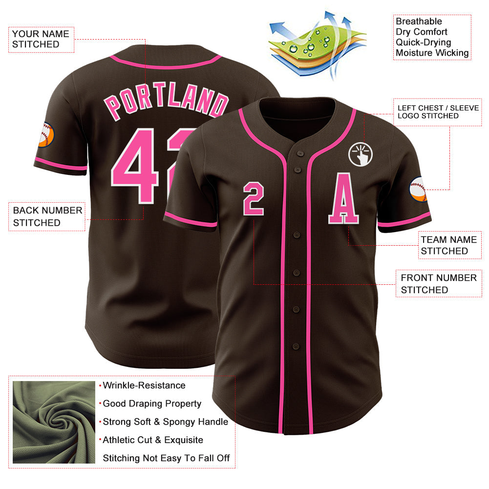 Custom Brown Pink-White Authentic Baseball Jersey view 2