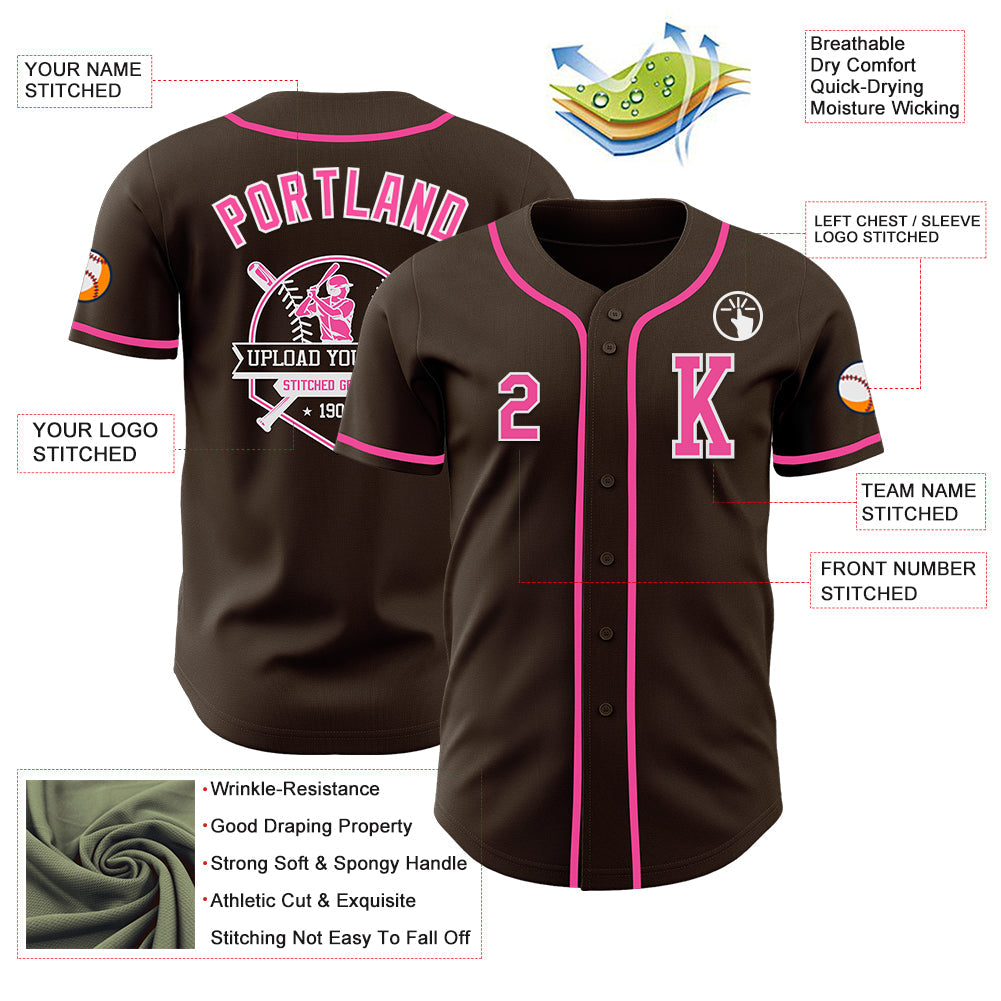 Custom Brown Pink-White Authentic Baseball Jersey view 6
