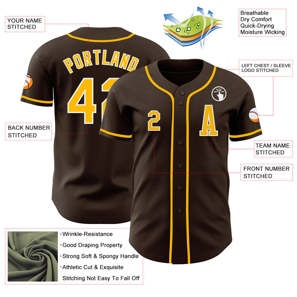 Custom Brown Gold-White Authentic Baseball Jersey view 2