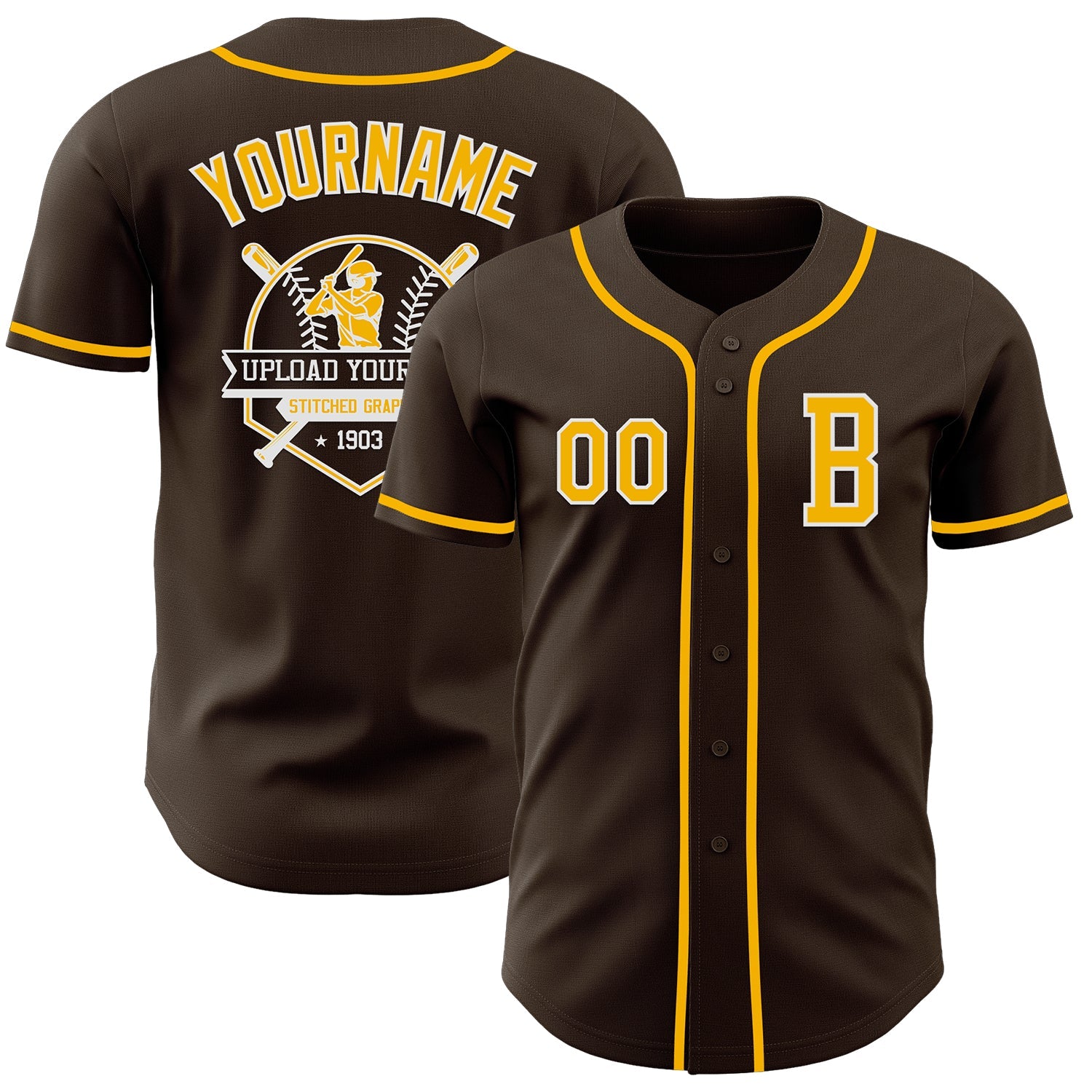 Custom Brown Gold-White Authentic Baseball Jersey view 5
