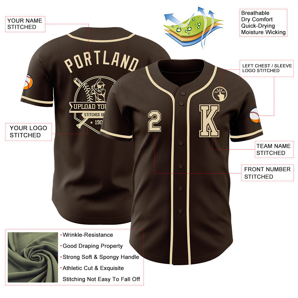 Custom Brown Cream Authentic Baseball Jersey view 6