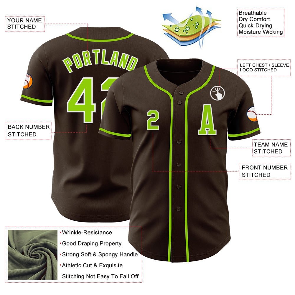 Custom Brown Neon Green-White Authentic Baseball Jersey view 2