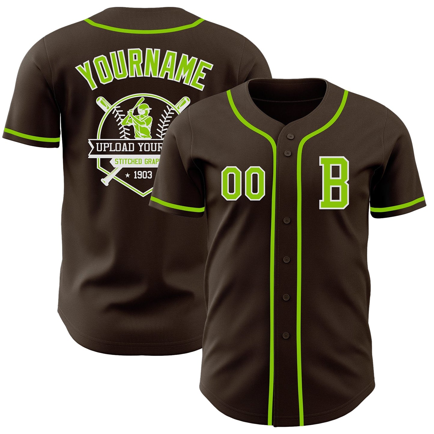 Custom Brown Neon Green-White Authentic Baseball Jersey view 5