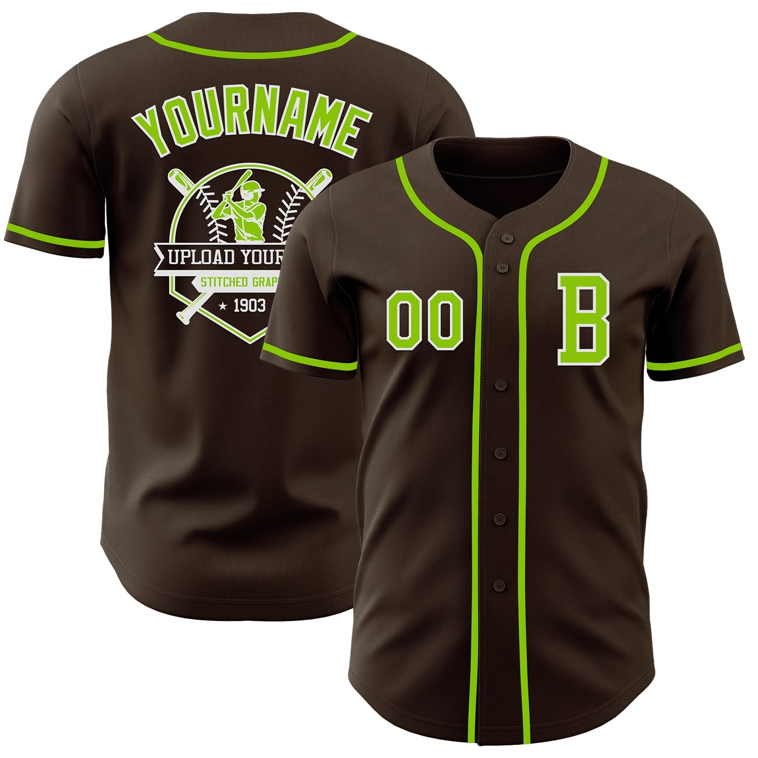 Custom Brown Neon Green-White Authentic Baseball Jersey view 5