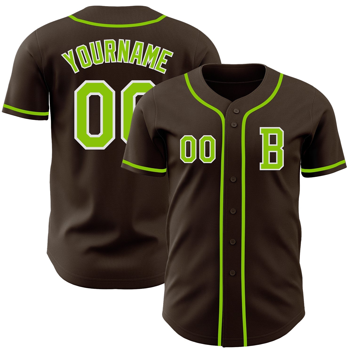 Custom Brown Neon Green-White Authentic Baseball Jersey - Main View