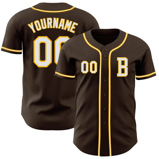 Custom Brown White-Gold Authentic Baseball Jersey - Main View