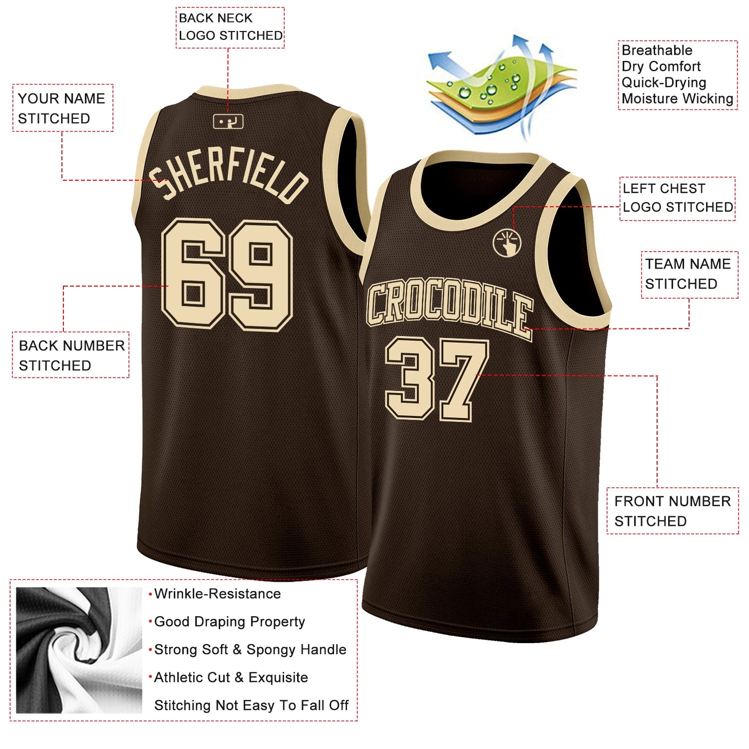 Custom Brown Cream Authentic Basketball Jersey view 2
