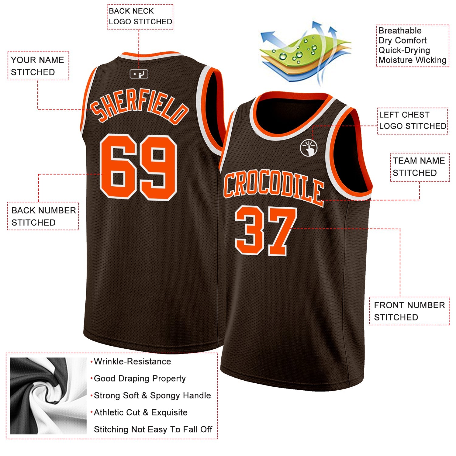 Custom Brown Orange-White Authentic Basketball Jersey view 2