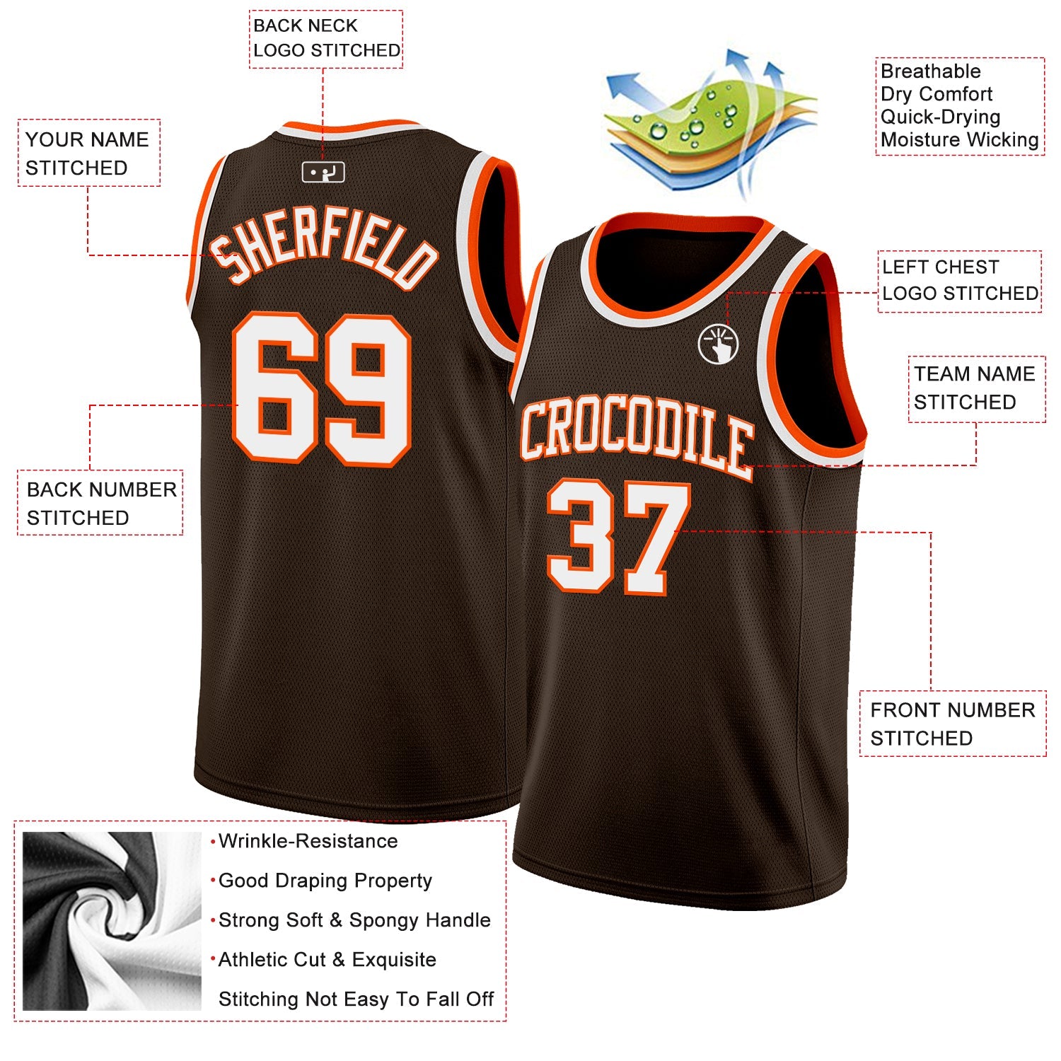 Custom Brown White-Orange Authentic Basketball Jersey view 2
