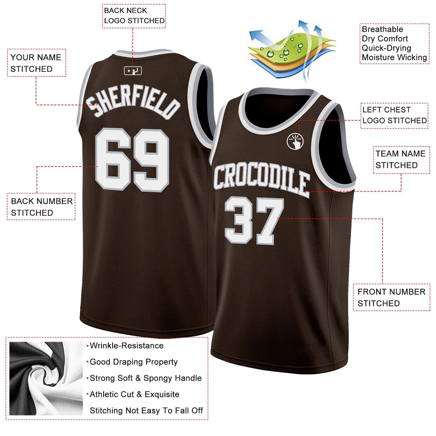 Custom Brown White-Gray Authentic Basketball Jersey view 2