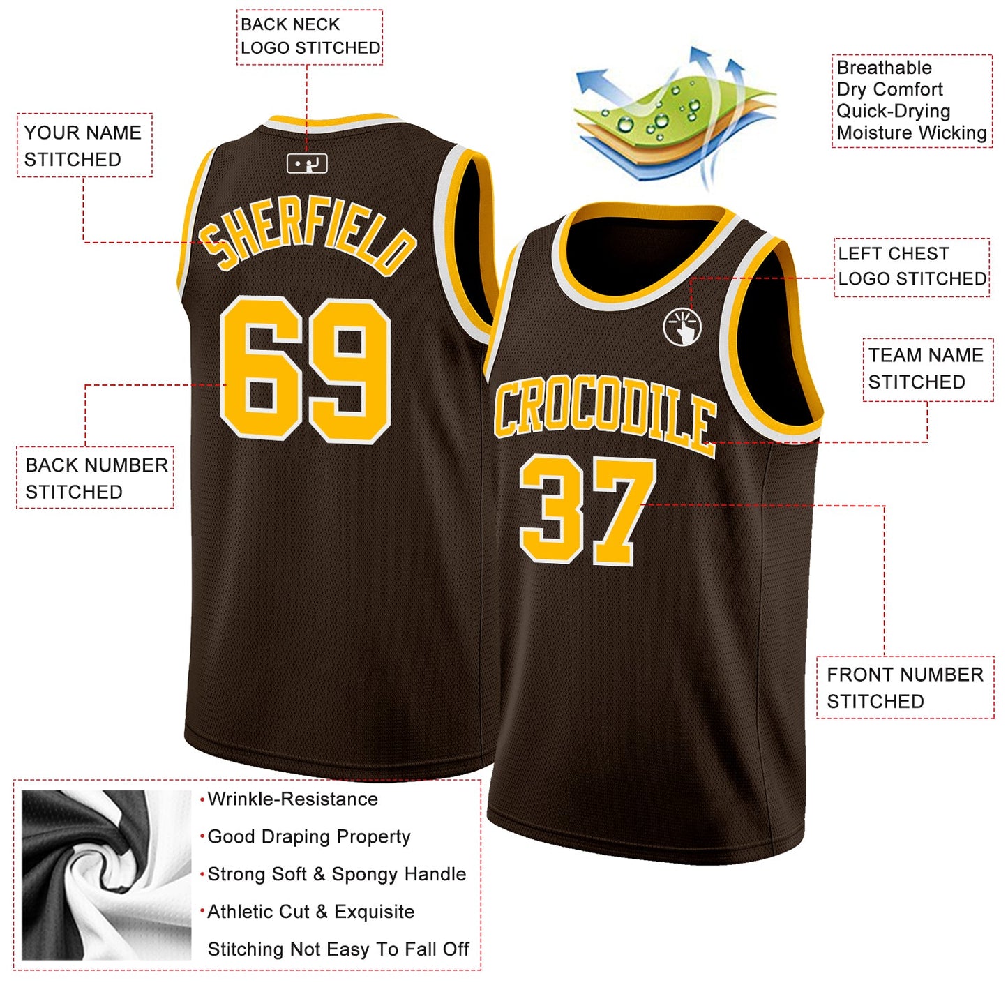 Custom Brown Gold-White Authentic Basketball Jersey view 2