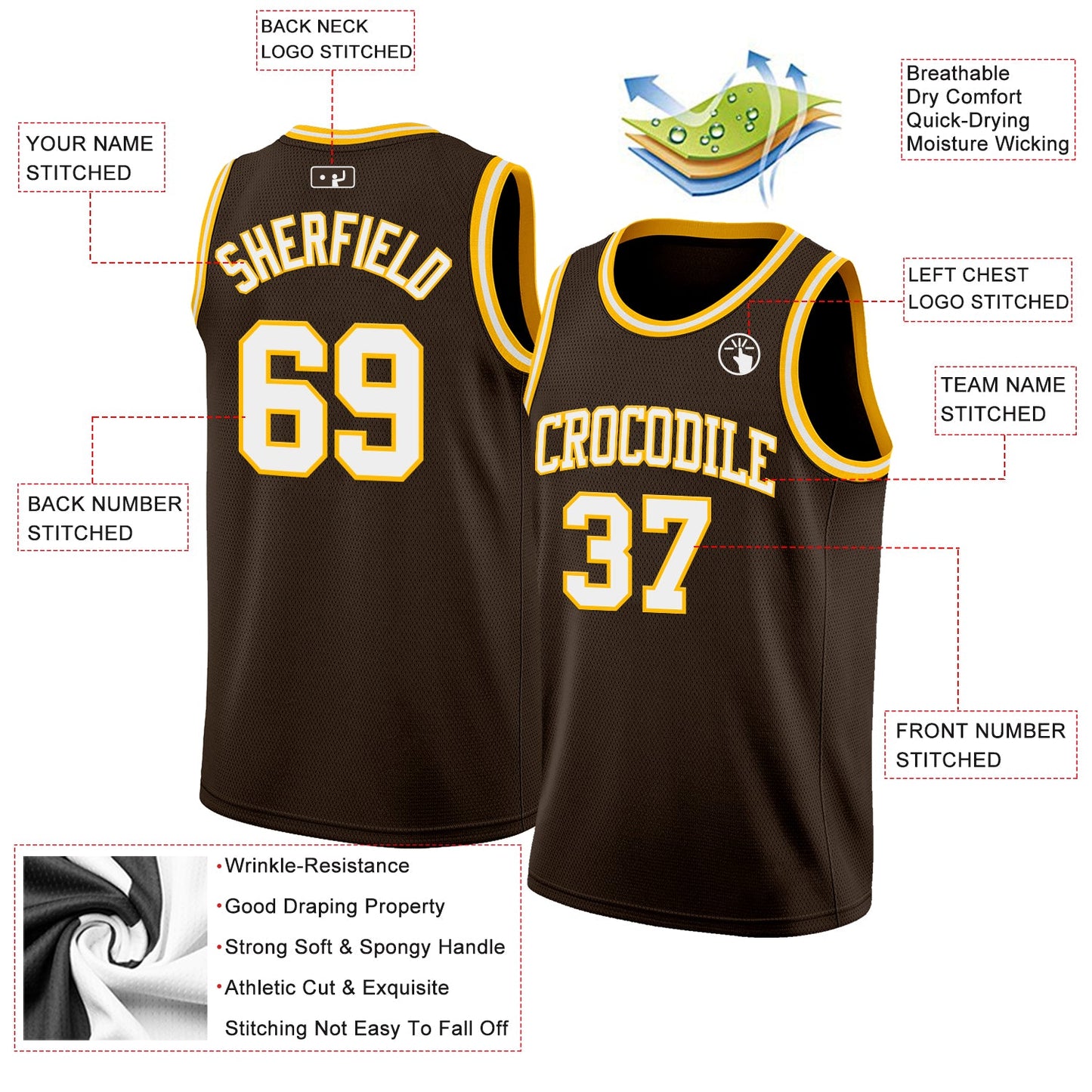Custom Brown White-Gold Authentic Basketball Jersey view 2