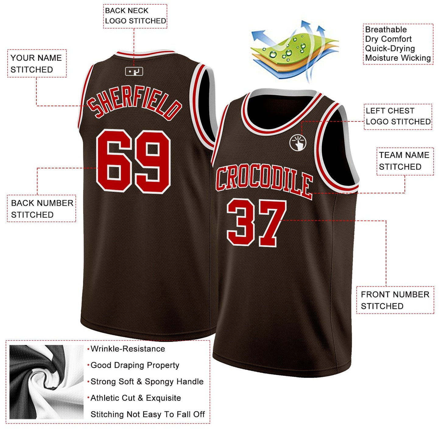 Custom Brown Red-White Authentic Basketball Jersey view 2