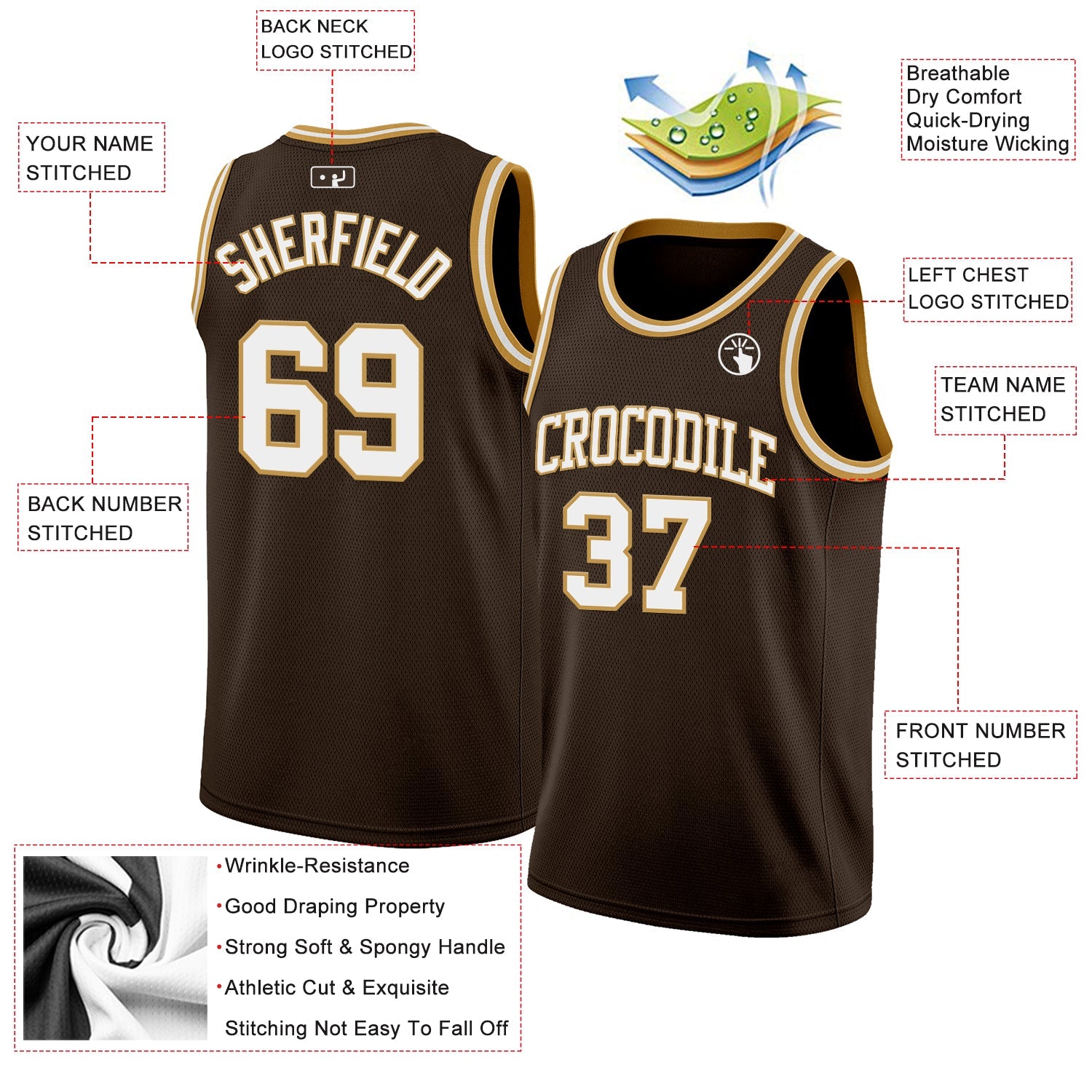 Custom Brown White-Old Gold Authentic Basketball Jersey view 2