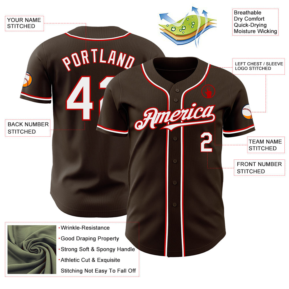 Custom Brown White-Red Authentic Baseball Jersey view 3