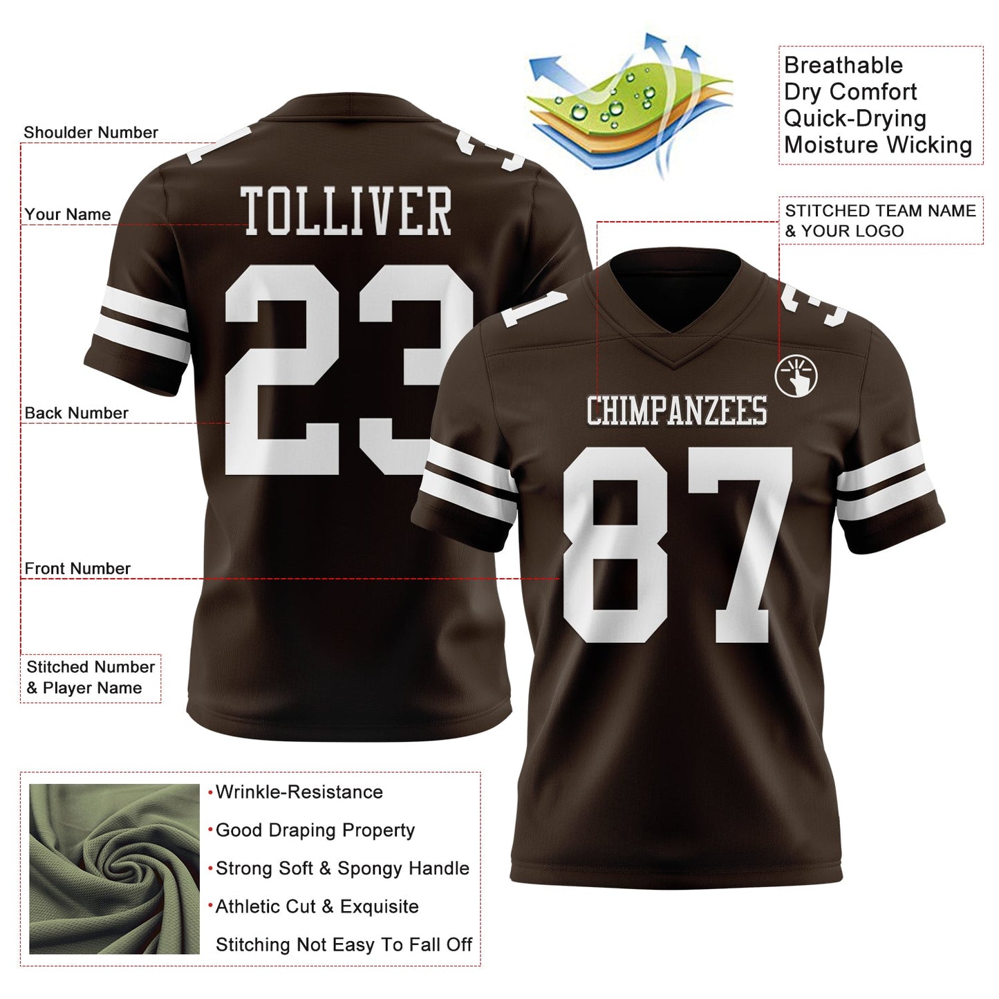 Custom Brown White Authentic Football Jersey view 3