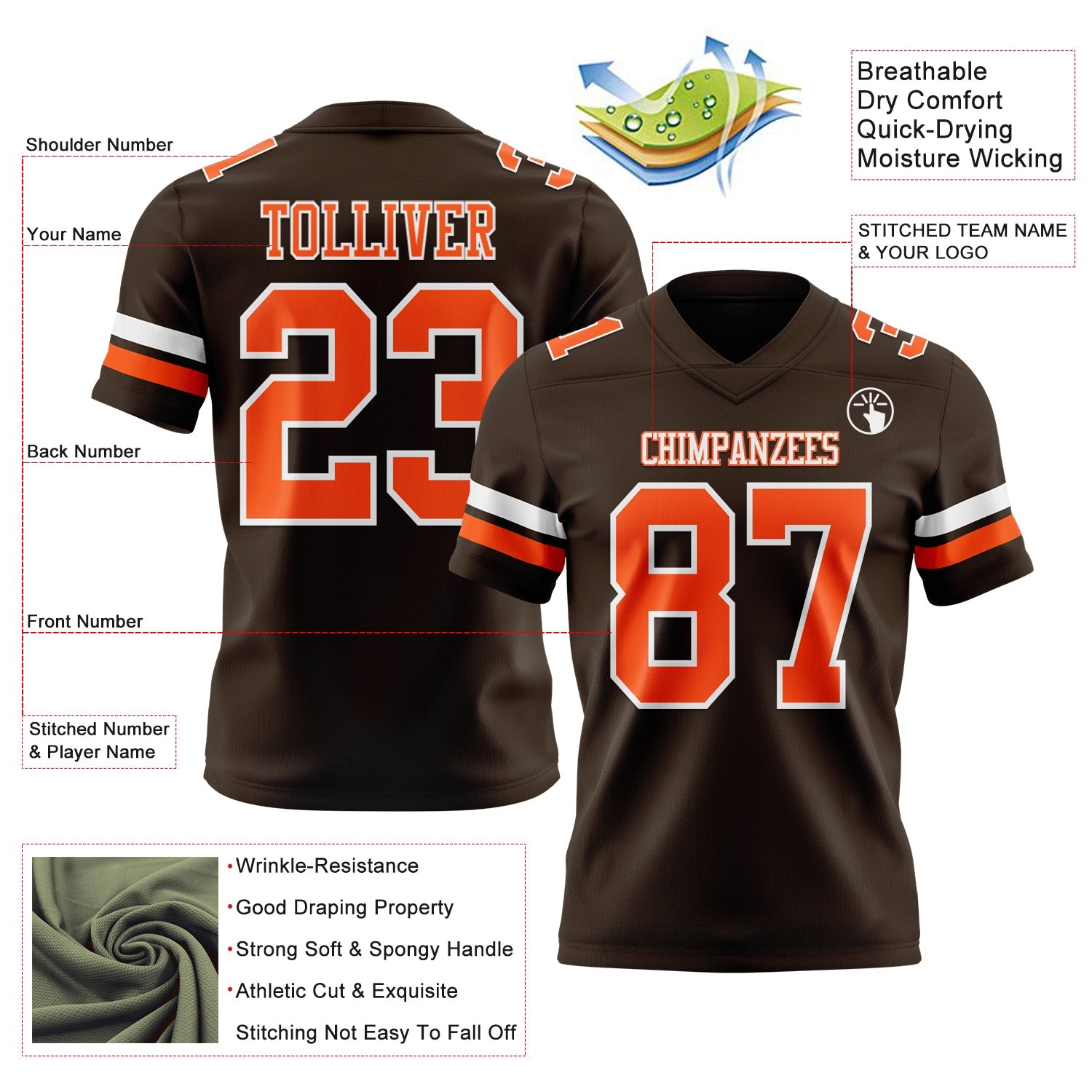 Custom Brown Orange-White Authentic Football Jersey view 3