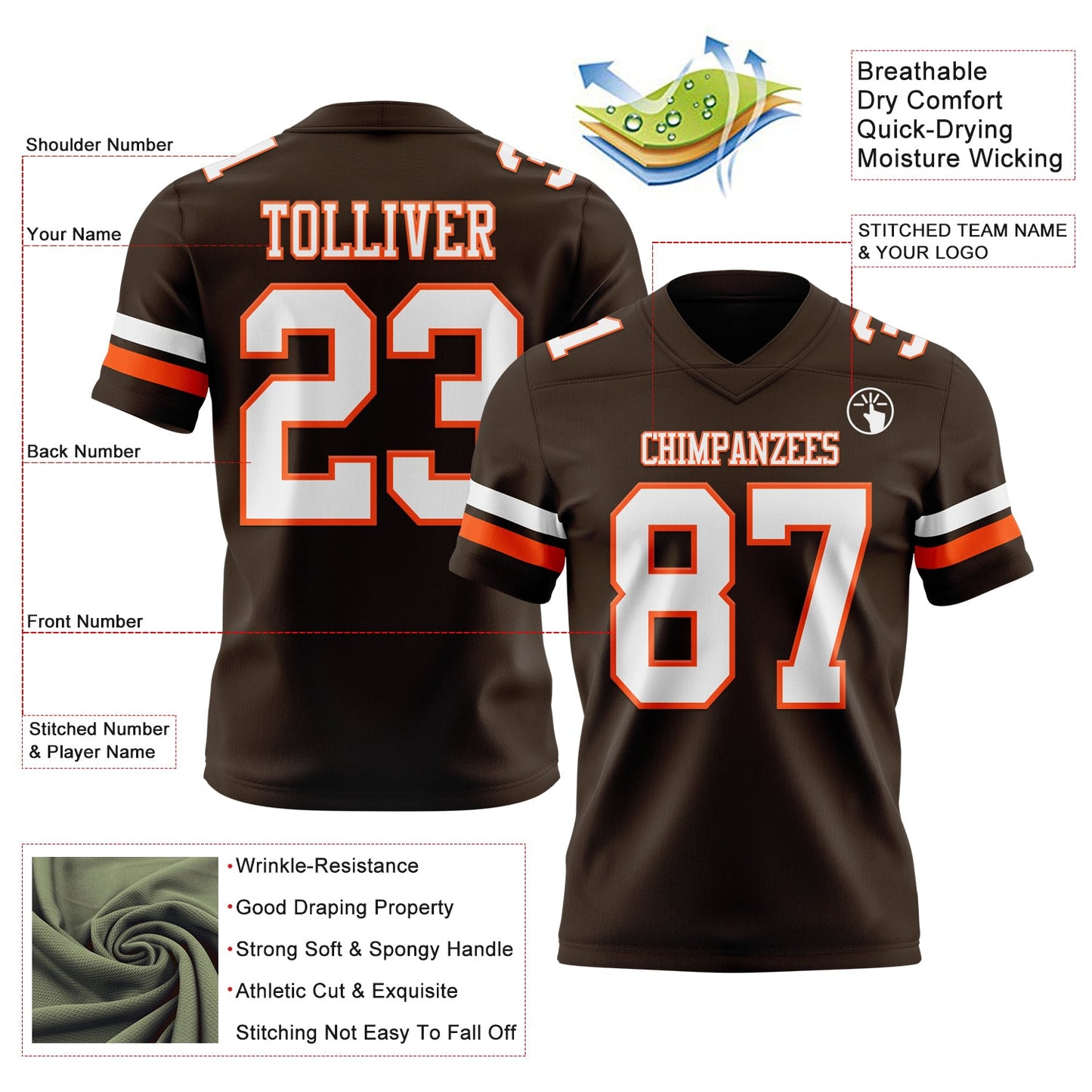 Custom Brown White-Orange Authentic Football Jersey view 3