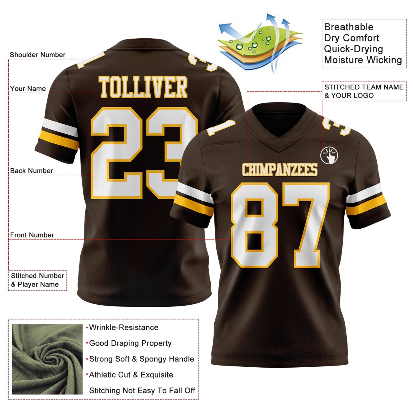 Custom Brown White-Gold Authentic Football Jersey view 3