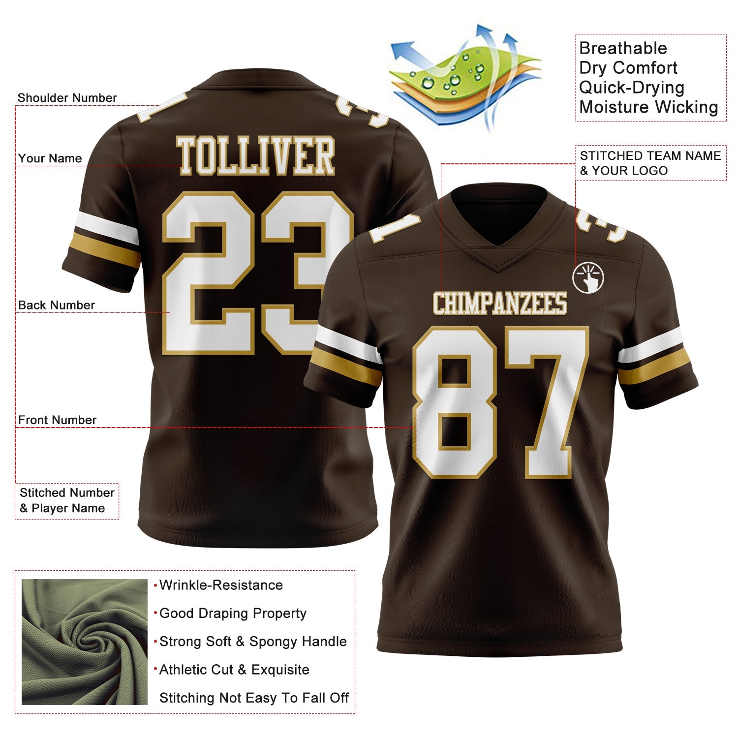 Custom Brown White-Old Gold Authentic Football Jersey view 3