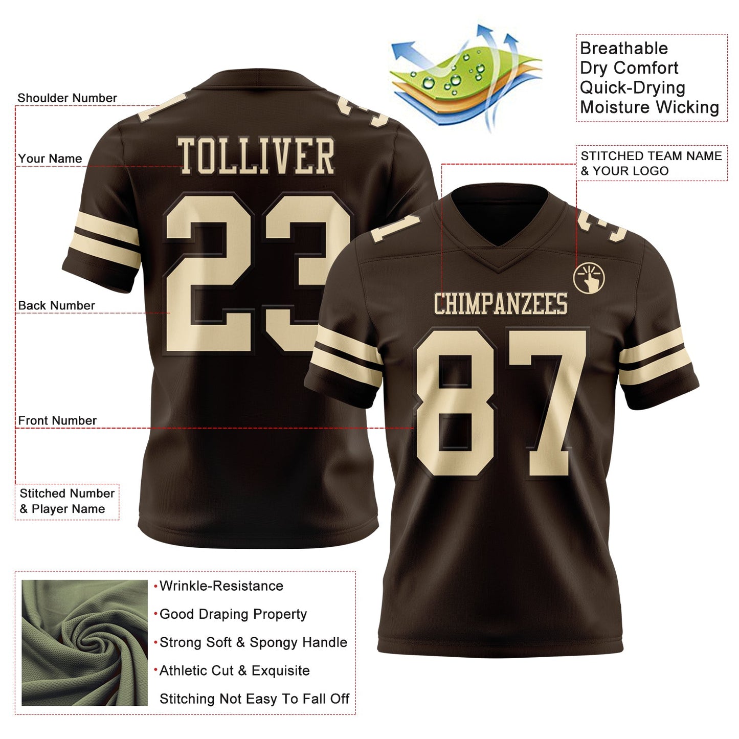 Custom Brown Cream Authentic Football Jersey view 3
