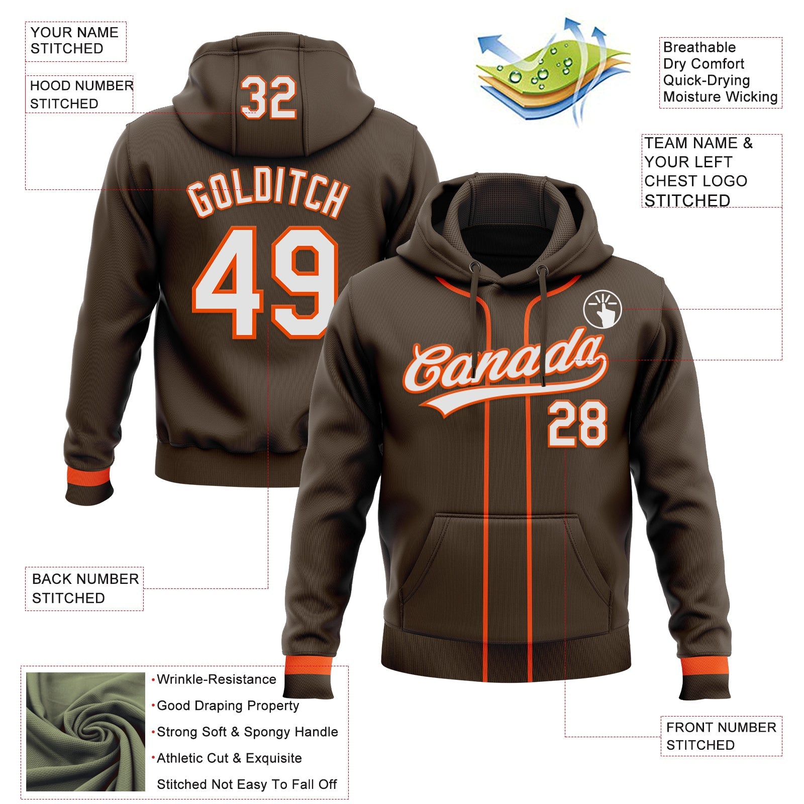 Custom Stitched Brown White-Orange Baseball Pullover Sweatshirt Hoodie view 2