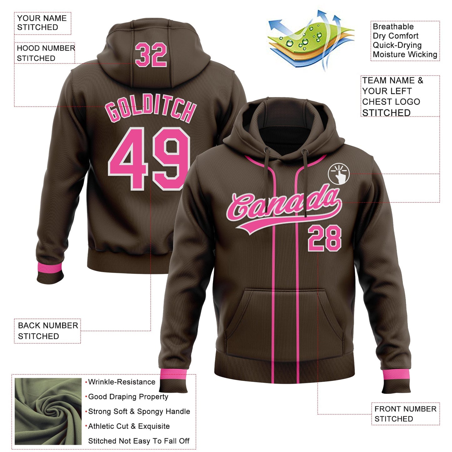 Custom Stitched Brown Pink-White Baseball Pullover Sweatshirt Hoodie view 2