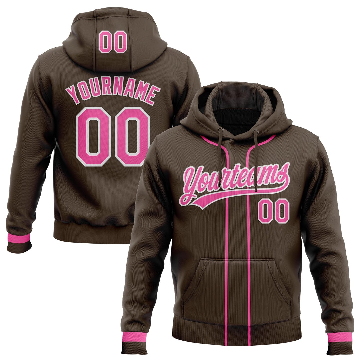 Custom Stitched Brown Pink-White Baseball Pullover Sweatshirt Hoodie - Main View