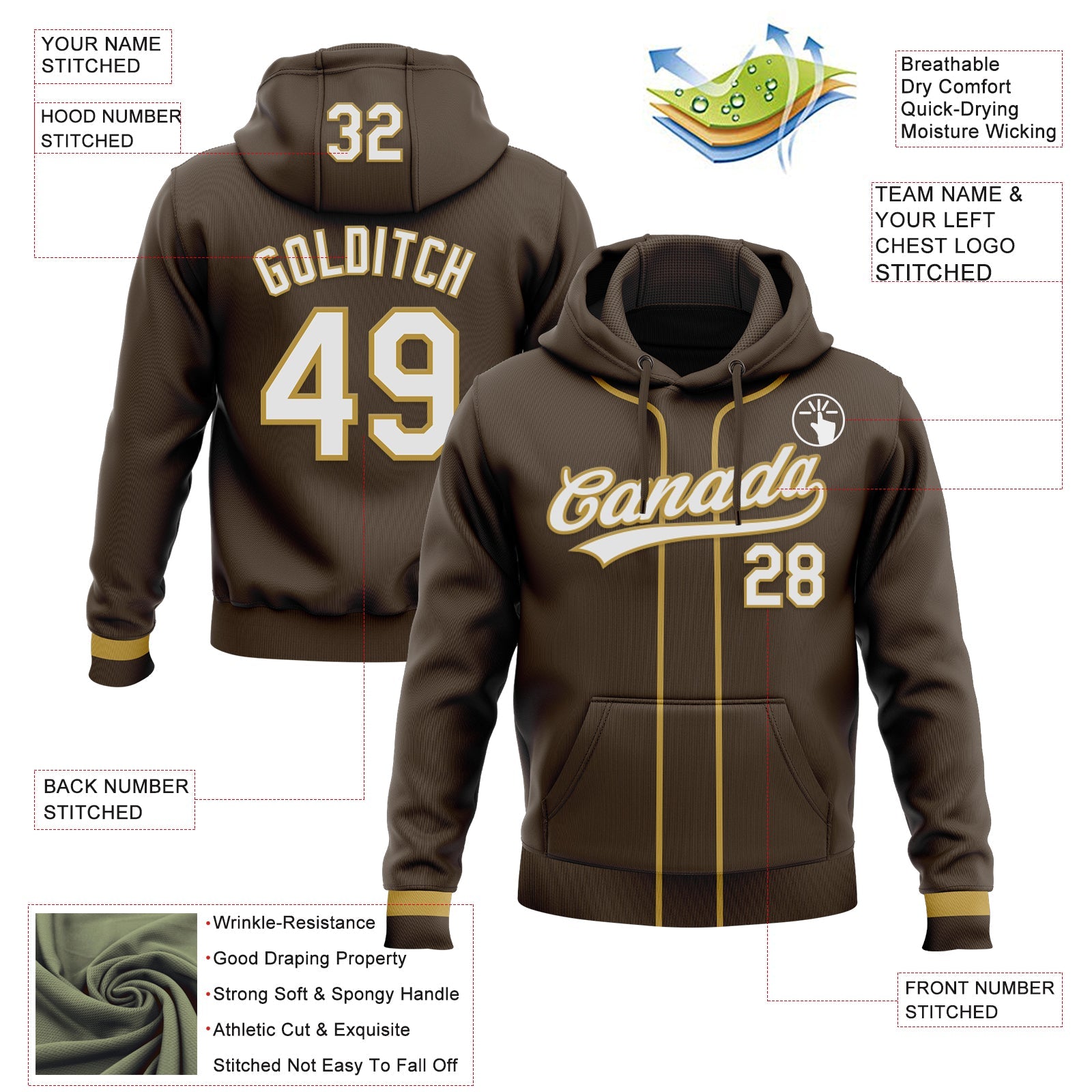 Custom Stitched Brown White-Old Gold Baseball Pullover Sweatshirt Hoodie view 2