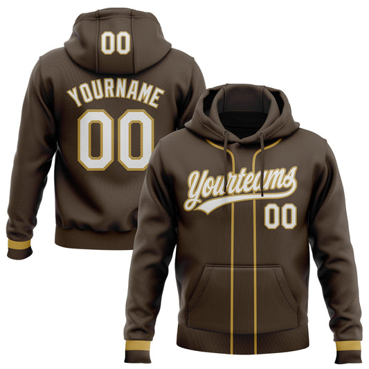 Custom Stitched Brown White-Old Gold Baseball Pullover Sweatshirt Hoodie - Main View