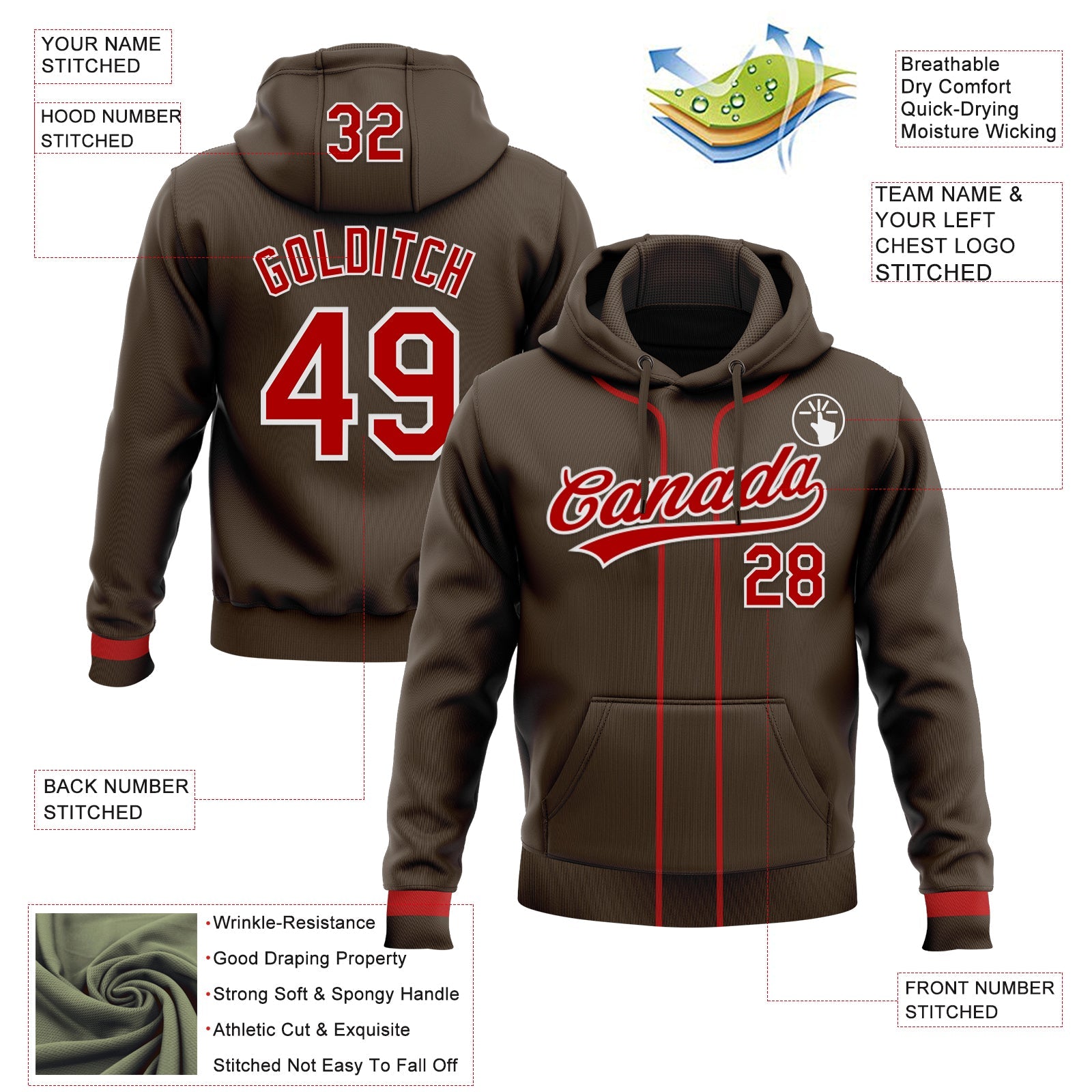Custom Stitched Brown Red-White Baseball Pullover Sweatshirt Hoodie view 2