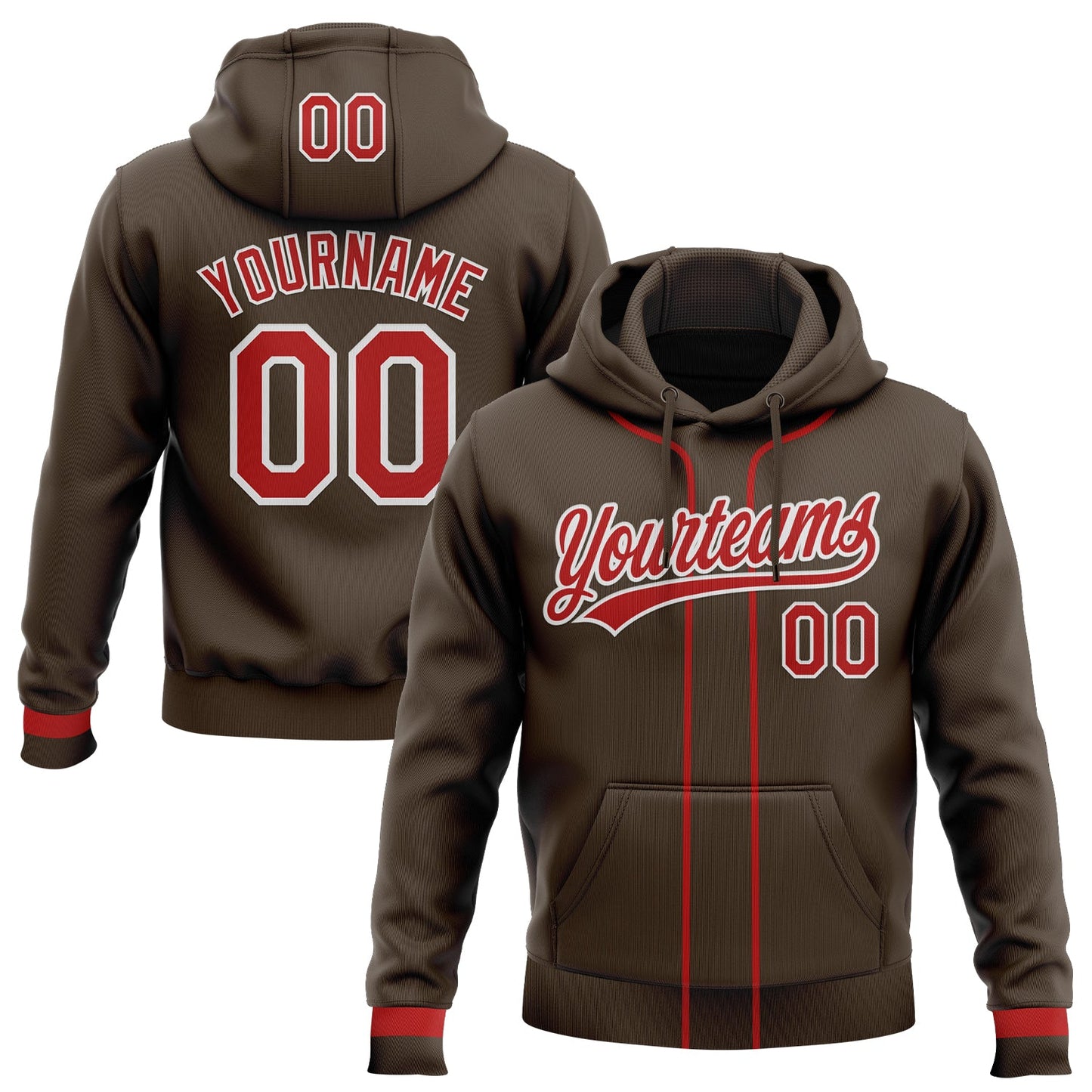 Custom Stitched Brown Red-White Baseball Pullover Sweatshirt Hoodie - Main View