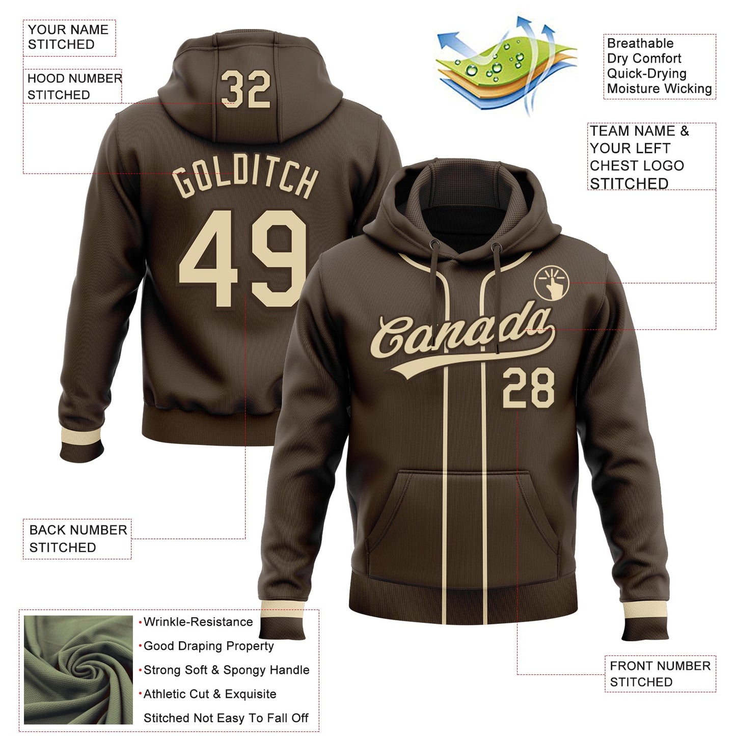 Custom Stitched Brown Cream-Brown Baseball Pullover Sweatshirt Hoodie view 2