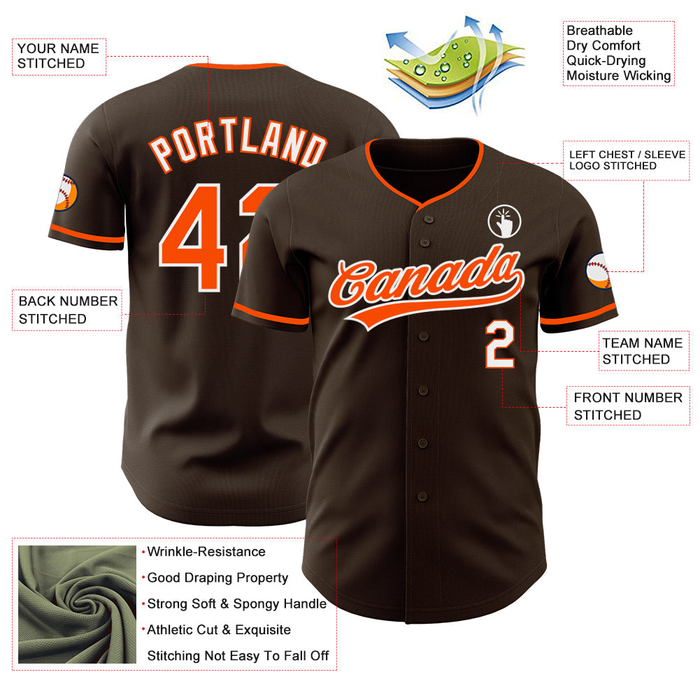 Custom Brown Orange-White Authentic Baseball Jersey view 3
