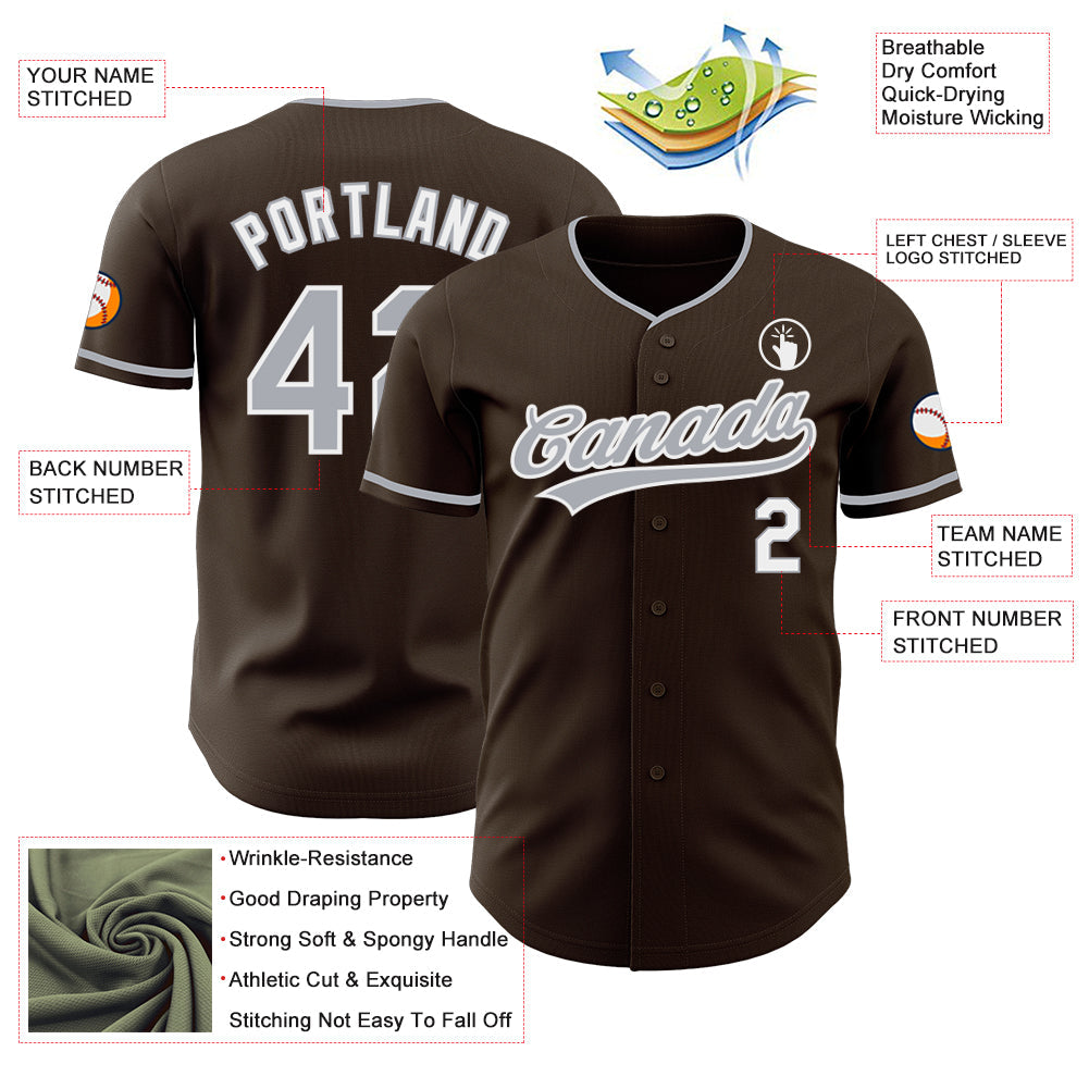 Custom Brown Gray-White Authentic Baseball Jersey view 3