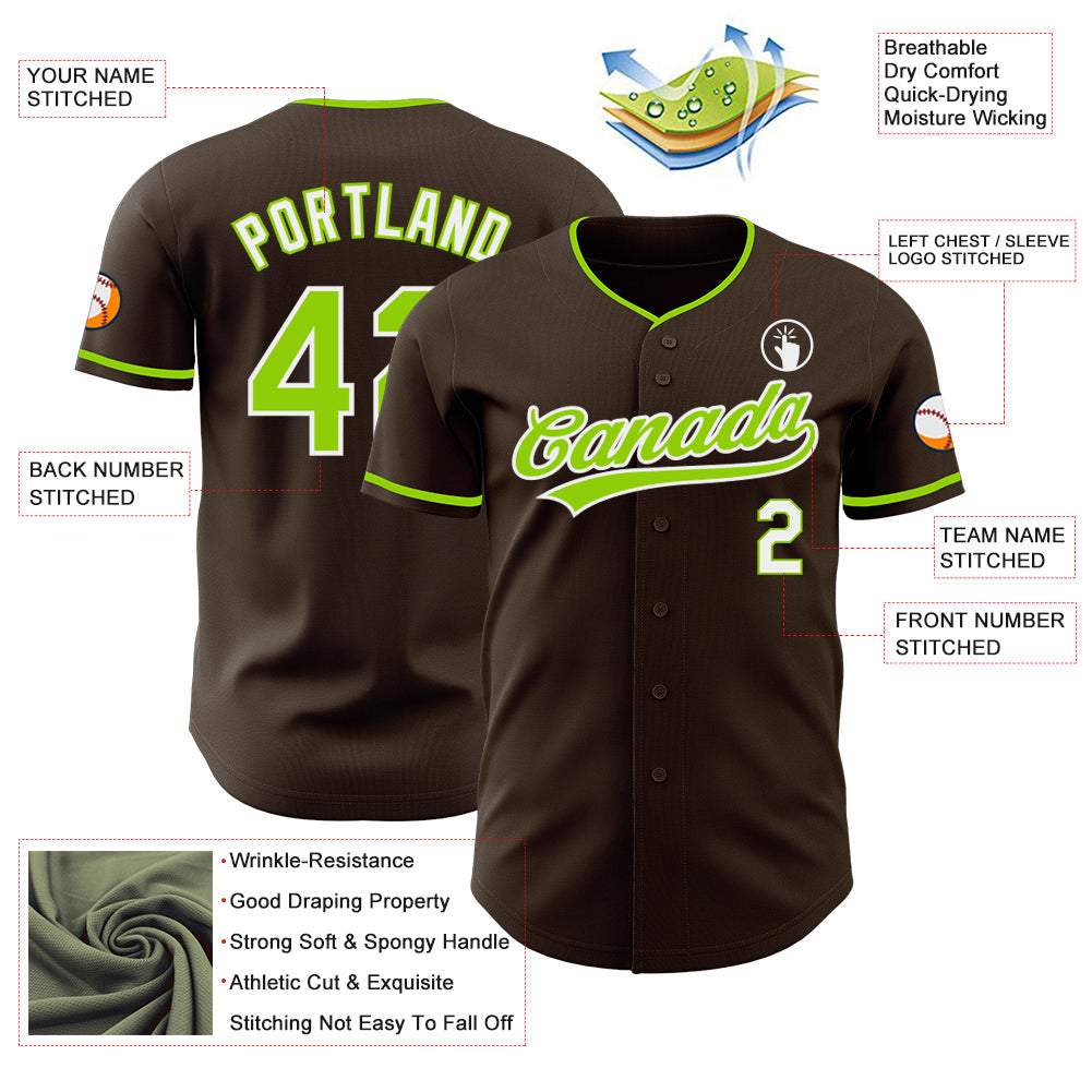Custom Brown Neon Green-White Authentic Baseball Jersey view 3