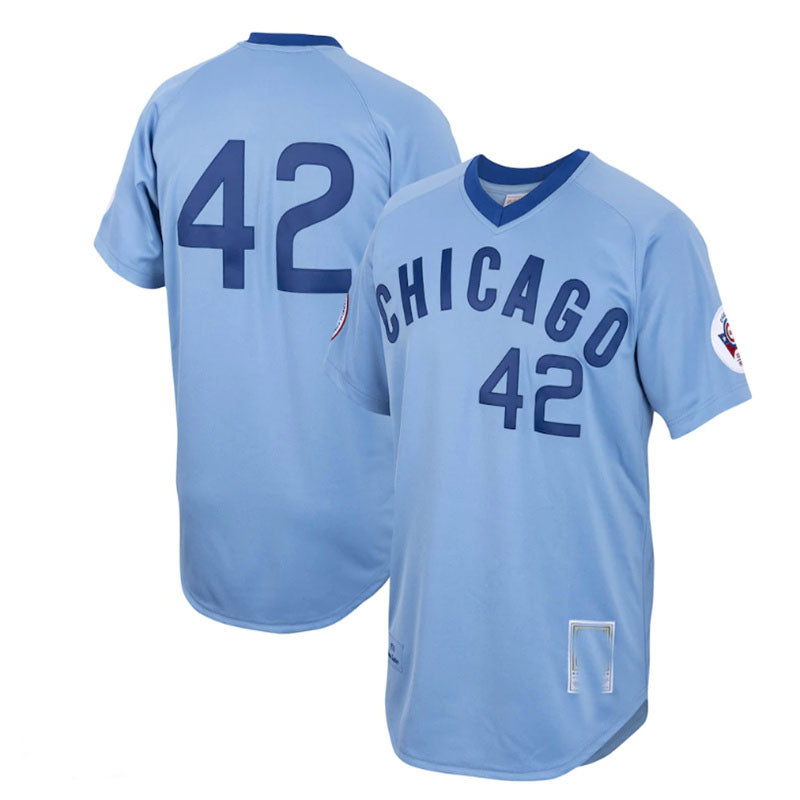 Chicago Cubs #42 Bruce Sutter Mitchell & Ness Road 1976 Cooperstown Collection Authentic Jersey - Light Blue Baseball Jerseys - Main View