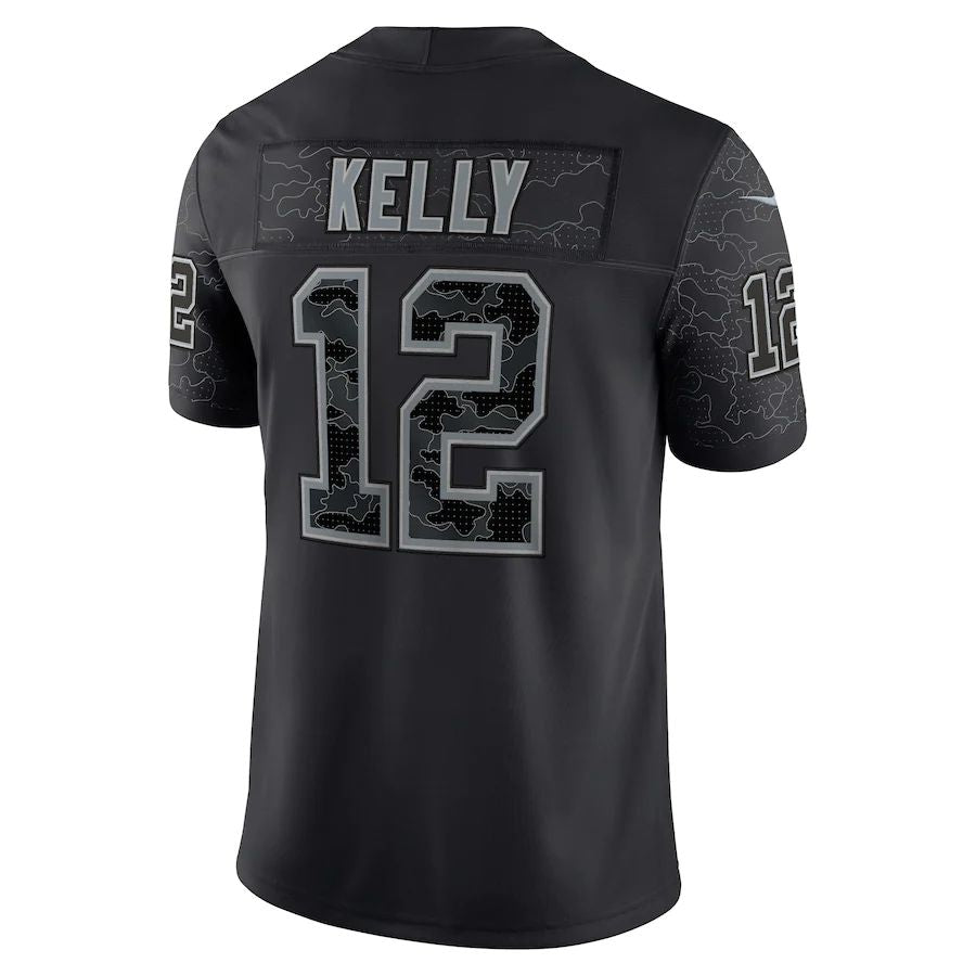 B.Bills #12 Jim Kelly Black Retired Player RFLCTV Limited Jersey American Stitched Football Jerseys - Main View
