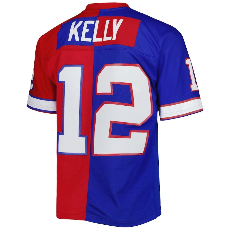 B.Bills #12 Jim Kelly Mitchell & Ness 1990 Split Legacy Replica Jersey - Royal-Red American Stitched Football Jerseys - Main View