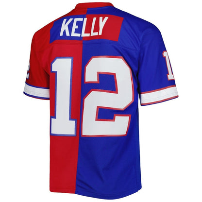 B.Bills #12 Jim Kelly Mitchell & Ness 1990 Split Legacy Replica Jersey - Royal-Red American Stitched Football Jerseys - Main View