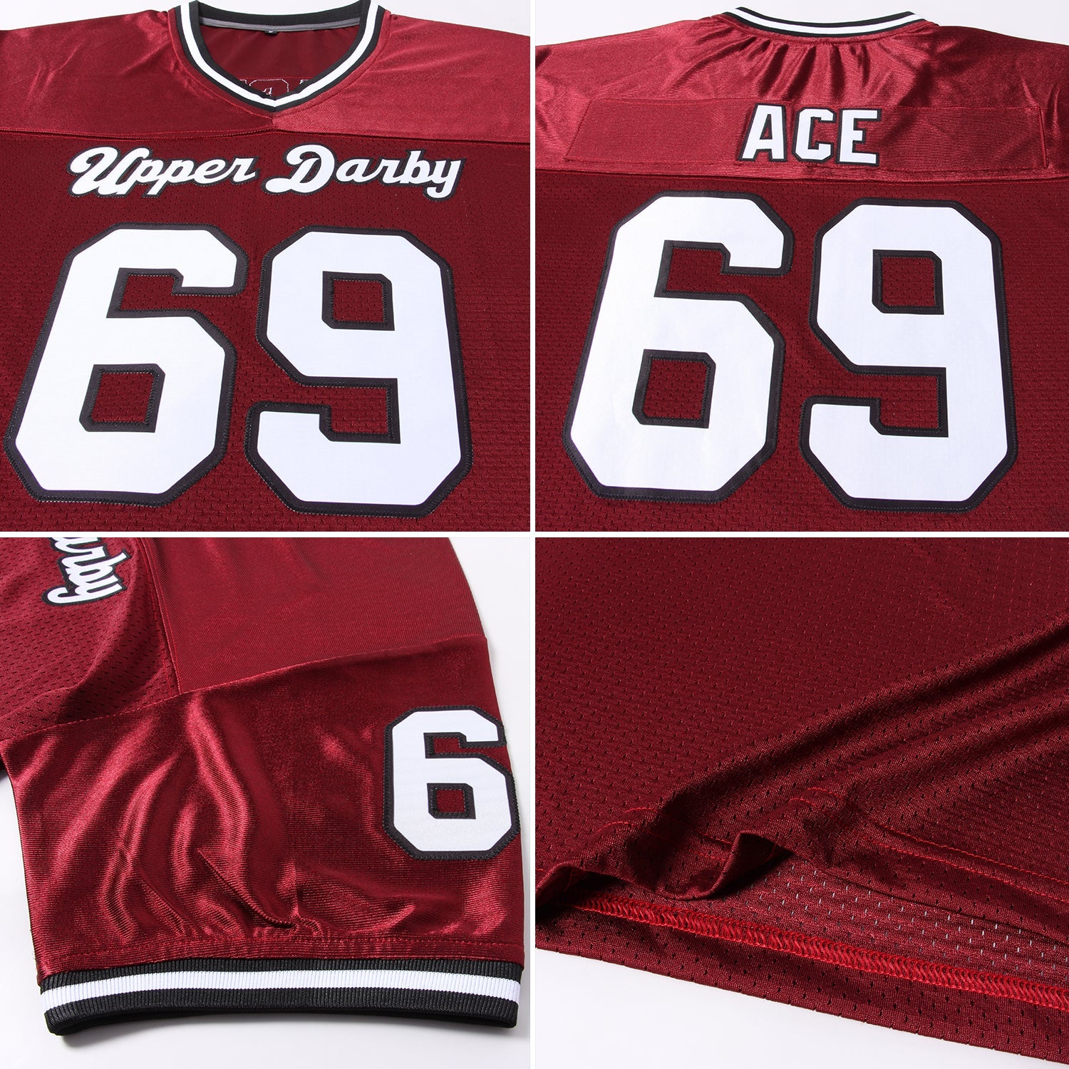 Custom Burgundy White-Black Mesh Authentic Throwback Football Jersey view 7