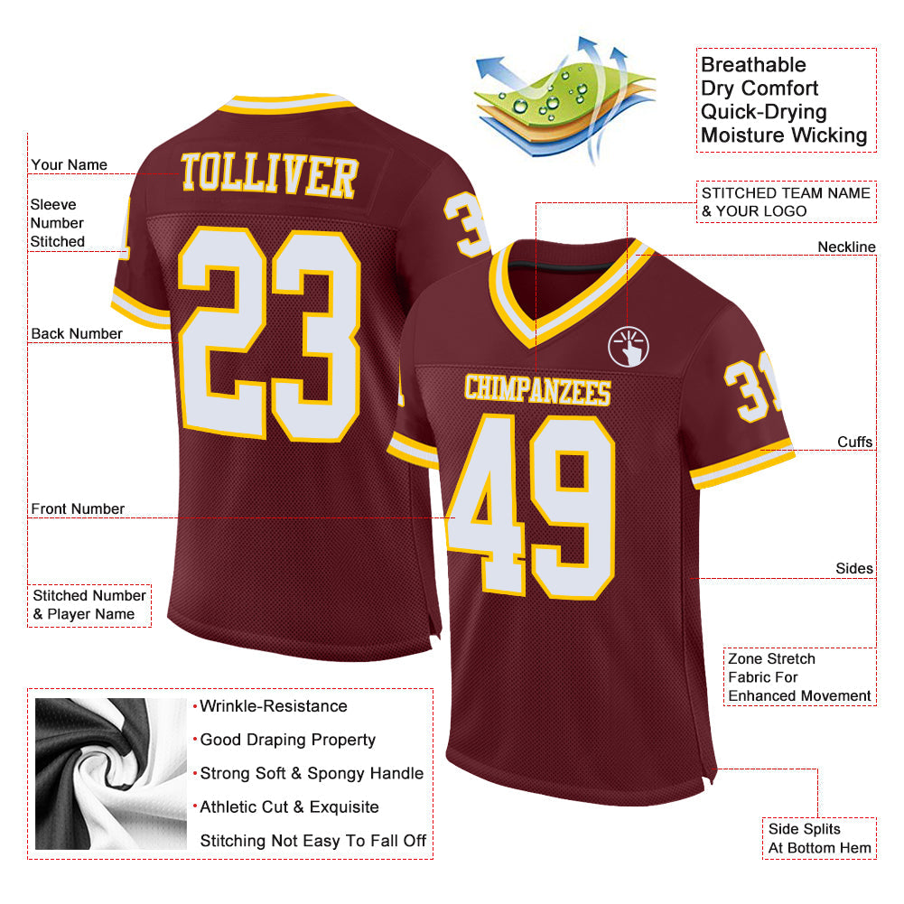 Custom Burgundy White-Gold Mesh Authentic Throwback Football Jersey view 3