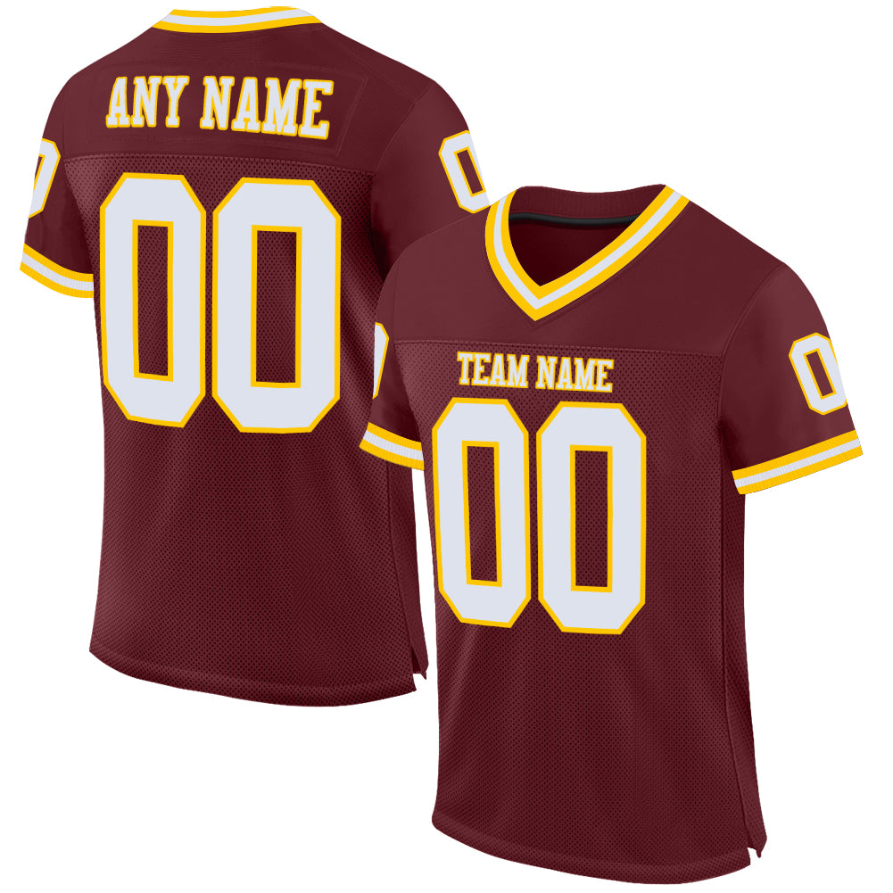 Custom Burgundy White-Gold Mesh Authentic Throwback Football Jersey - Main View