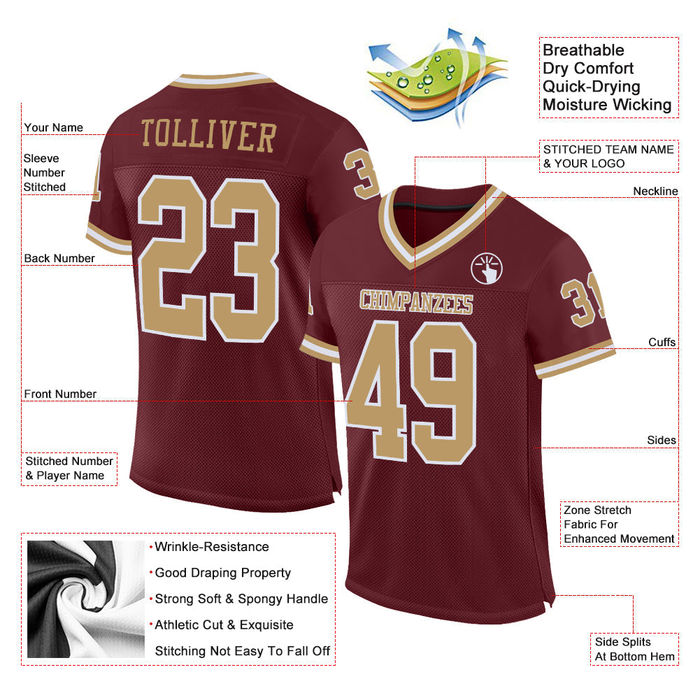 Custom Burgundy Old Gold-White Mesh Authentic Throwback Football Jersey view 3