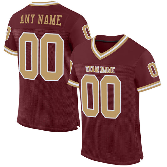 Custom Burgundy Old Gold-White Mesh Authentic Throwback Football Jersey - Main View