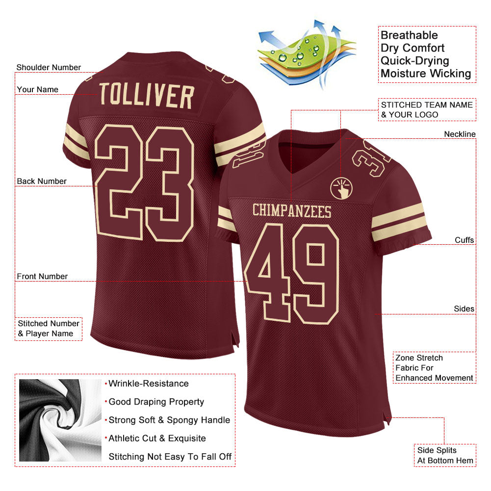 Custom Burgundy Burgundy-Cream Mesh Authentic Football Jersey view 2
