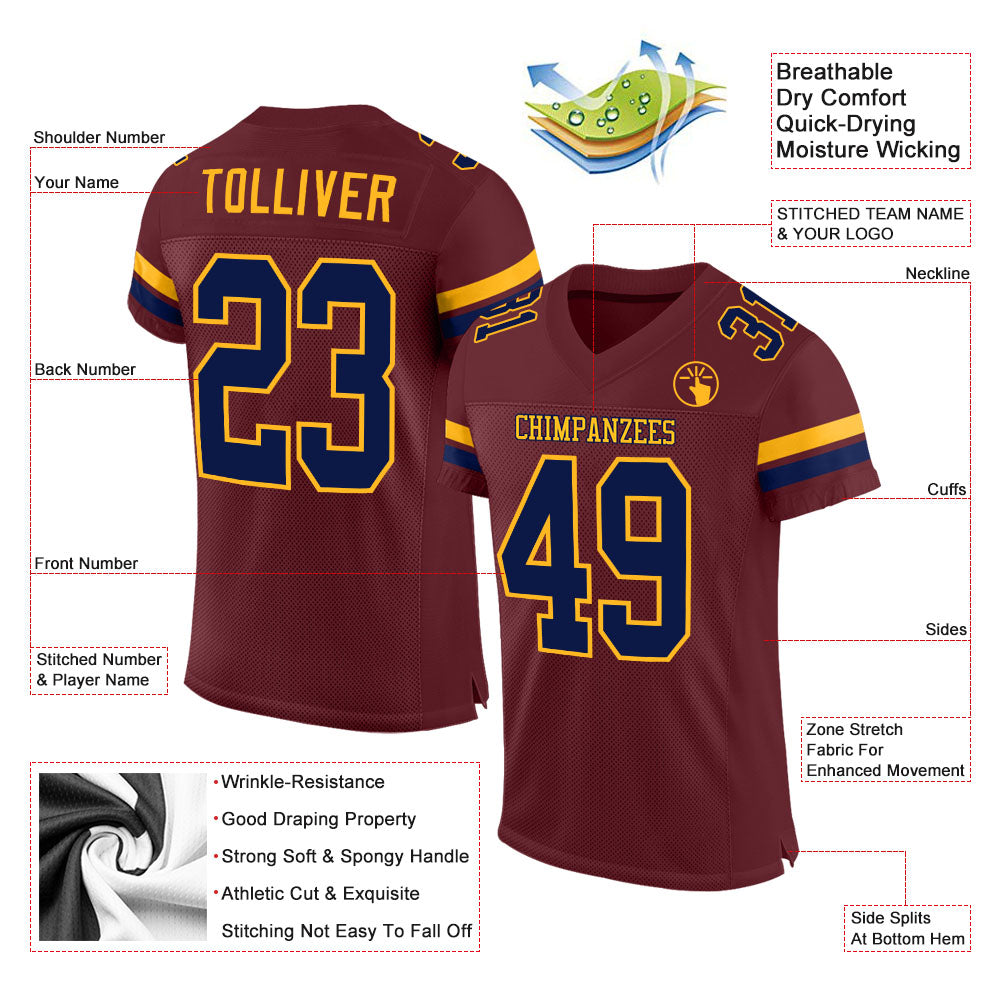 Custom Burgundy Navy-Gold Mesh Authentic Football Jersey view 2