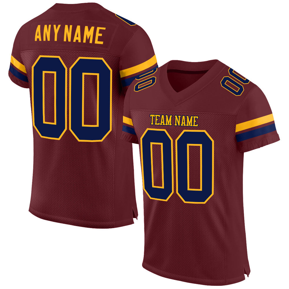 Custom Burgundy Navy-Gold Mesh Authentic Football Jersey - Main View