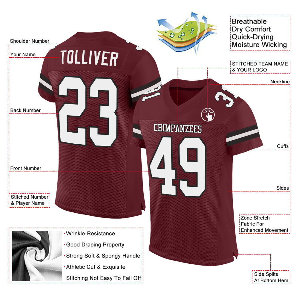 Custom Burgundy White-Black Mesh Authentic Football Jersey view 2